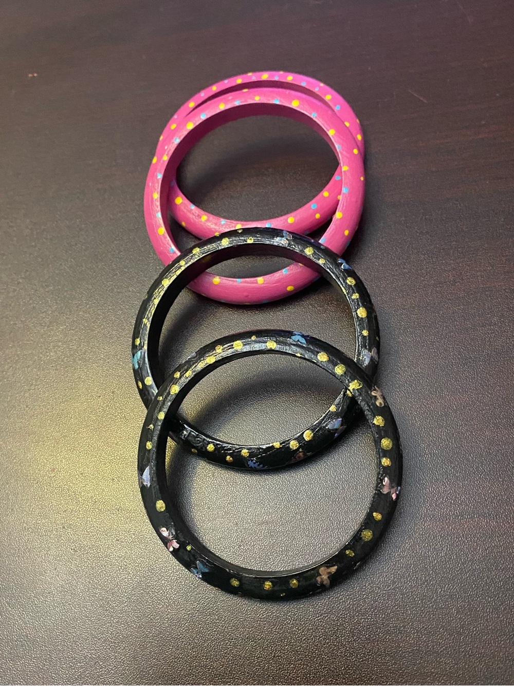 Hand-Painted Pink and Black Bangle Bracelet Set with Polka Dots & Butterflies